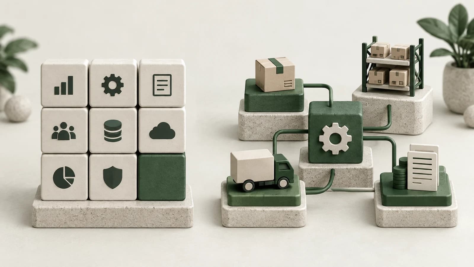 A standard grid of ceramic software tiles beside connected purchasing, warehouse, delivery and ledger miniatures.