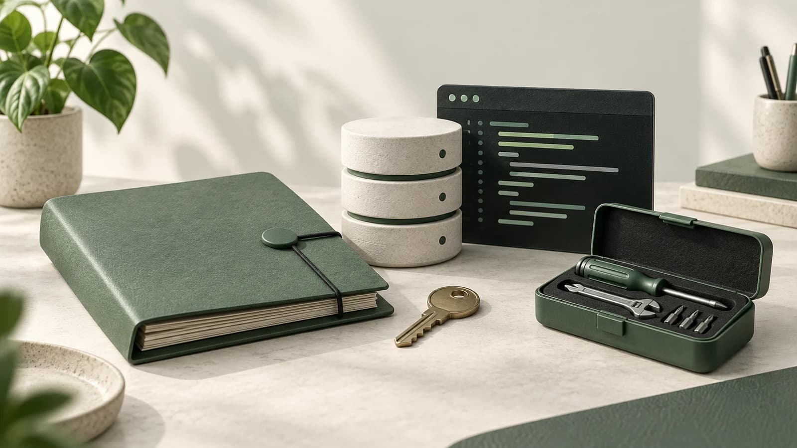 An organized handover kit with a document folder, database cylinders, abstract code panel, key and tool case.