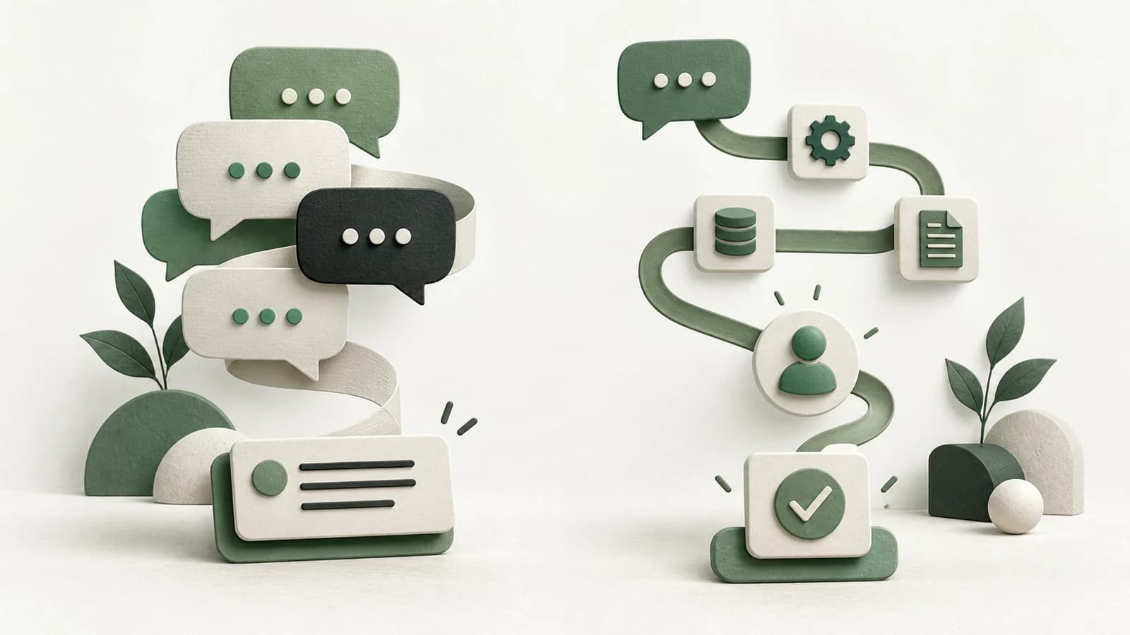 Sage and cream speech bubbles beside connected tool tiles, a person symbol and a completion check.