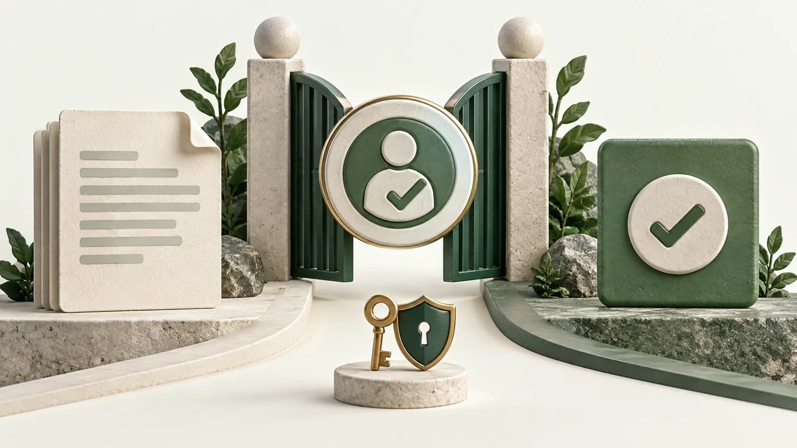 A human approval symbol at a gate between a document and a completion tile, with a small key and shield in front.