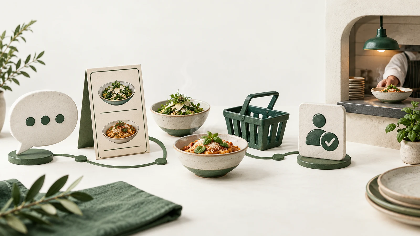 A conversation symbol, menu card, two food bowls, basket and approval tile leading toward a kitchen pass.