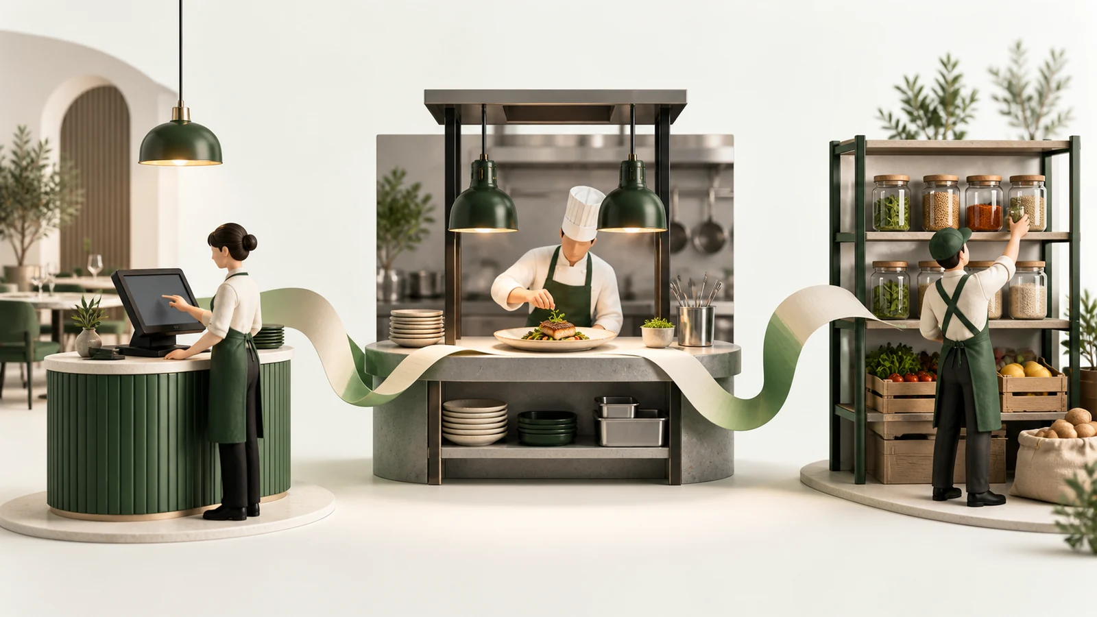 Three miniature restaurant stations showing a counter operator, a chef at a kitchen pass and an ingredient-stock worker.